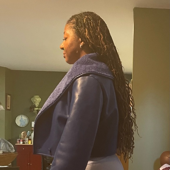 Blue Cropped Faux Leather/ Sherpa Leather Jacker - Picture 4 of 13